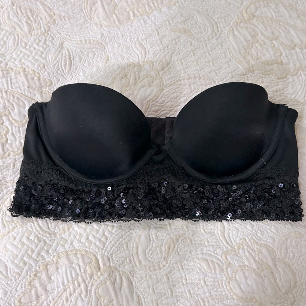 Victorias Secret Black Sequins Strapless Bustier Bra Underwire Longline 34A